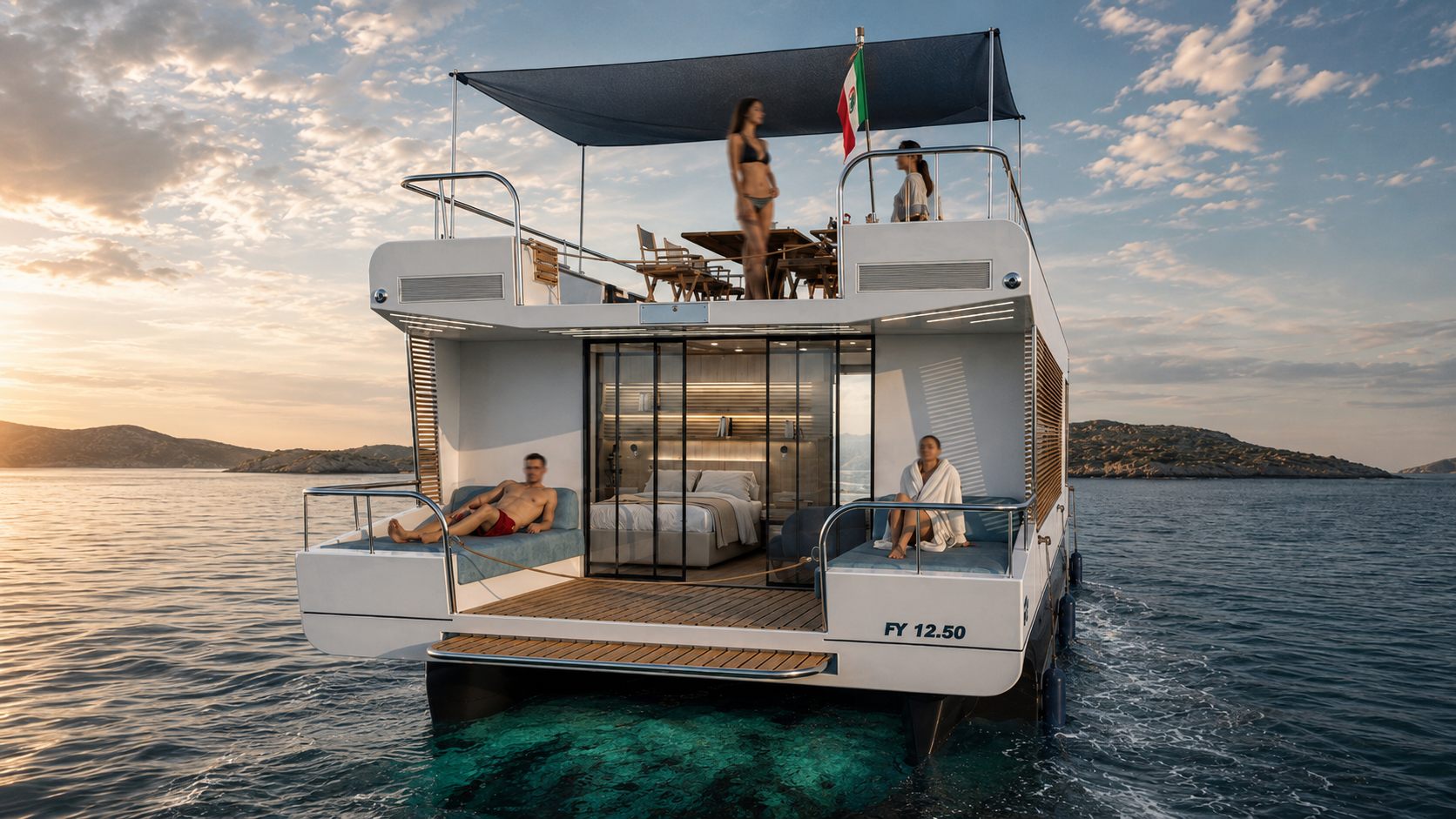 TK 1250 visto da poppa al tramonto, camera armatoriale aperta sul mare