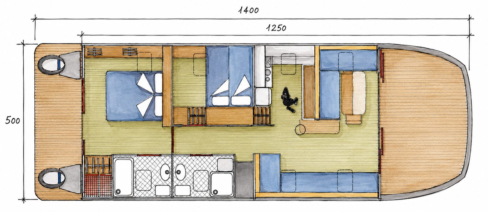 Piantina del TK 1250: living, cucina, camera armatoriale e cabina ospiti